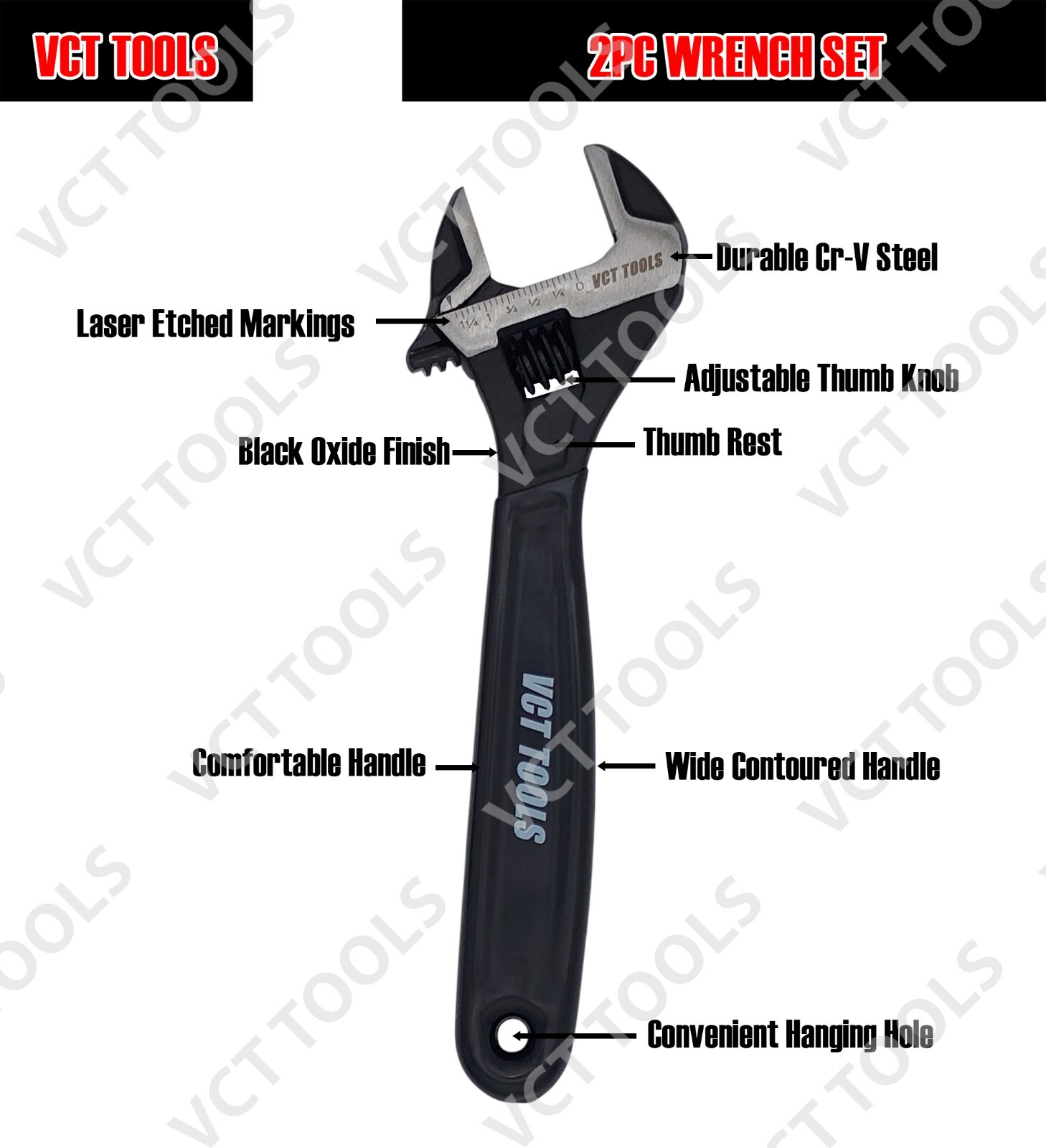 VCT 2PC Adjustable Wrench Set 6" 10" Crescent Wrench Wide Jaw Black Oxide Finish gallery