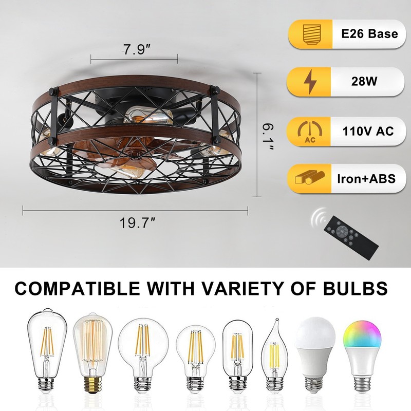 20'' Caged Ceiling Fan with LED Light Rustic Flush Mount Remote Control Black gallery