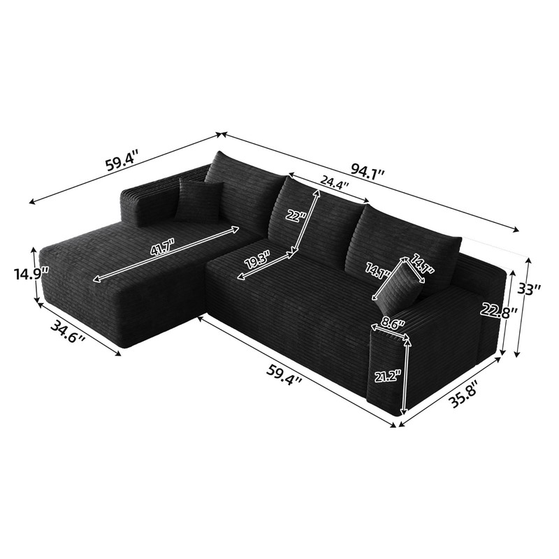 95" L Shape Couch Comfy Sectional Boneless Sofa with Left Chaise for Living Room gallery