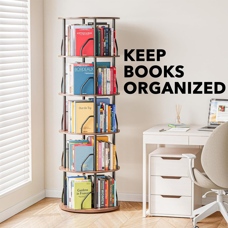 5-Tier Rotating Bookshelf Tower - Space-Saving Swivel Organizer in Brown Wood gallery