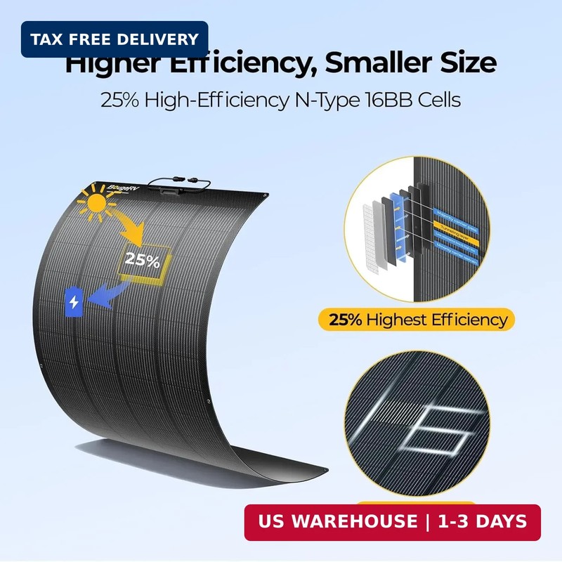 BougeRV Upgrade Arch 200W N-Type Fiberglass Flexible Solar Panel, 24 Volts 16BB gallery