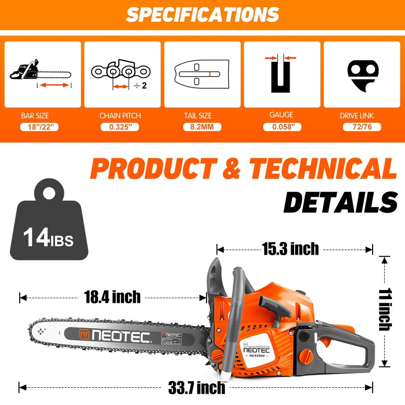 62cc Gas Powered Chainsaw with 2PCS Guide Bar Saw Chain 2-Stroke Engine Cut Wood gallery