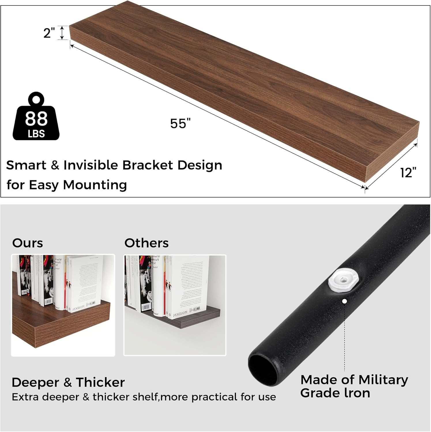 Floating Shelves for Wall, 55 Inch Wide X 12 Inch Deep Floating Shelves, Long Wo gallery