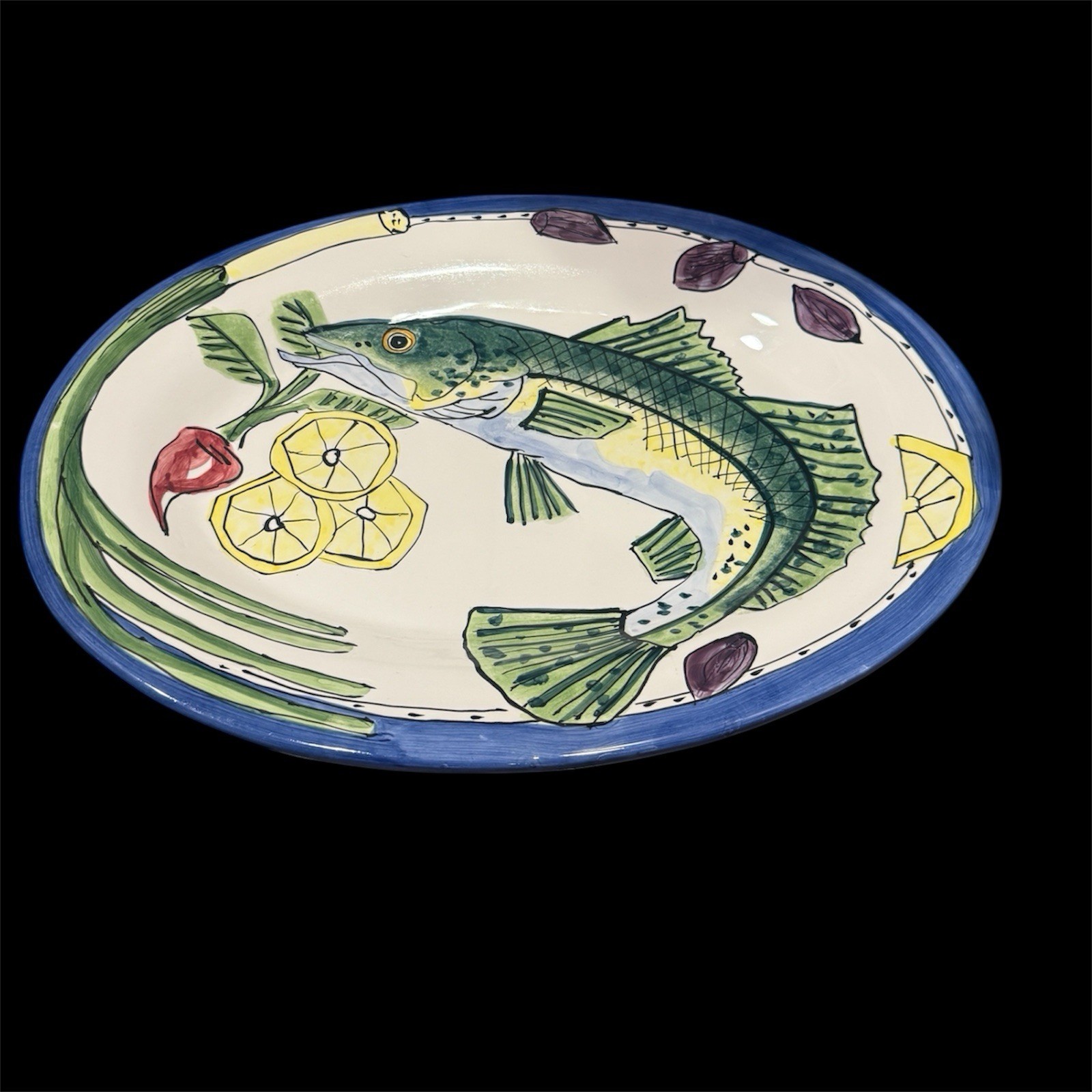 Vtg Lrg Serving Platter Handcrafted Fish Ceramic Tika Lotus Seafood Lemon Pasta gallery