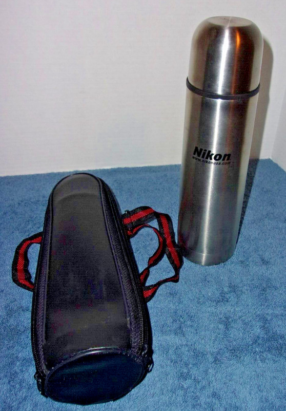 NIKON SMALL STAINLESS THERMOS WITH BLACK ZIP CARRY CASE ADJUSTABLE STRAP gallery