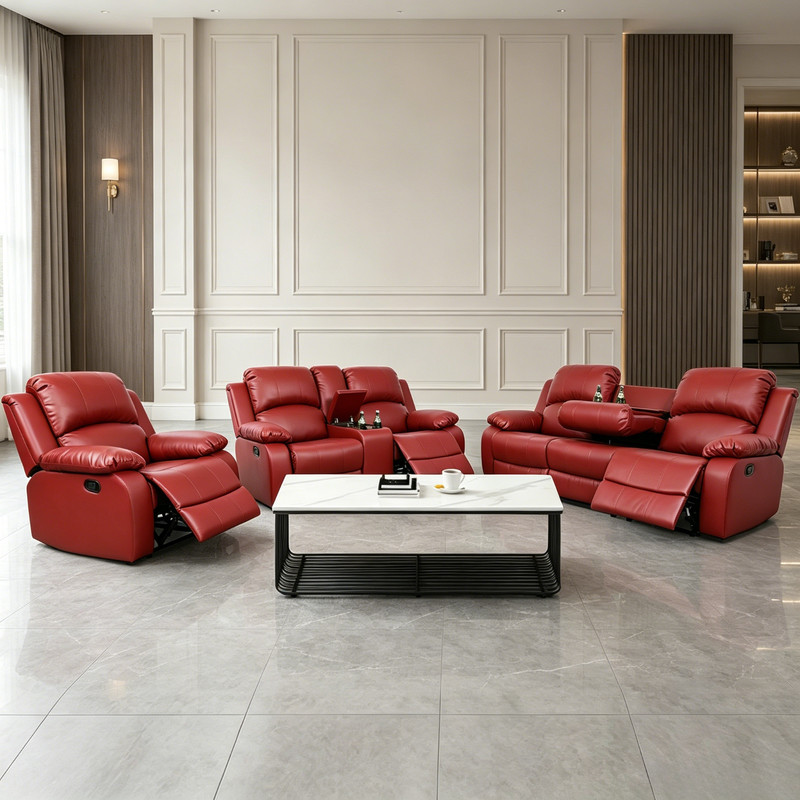 Red Semi PU PVC 3PC Reclining Sofa Set Loveseat Chair Console Cup Holders gallery