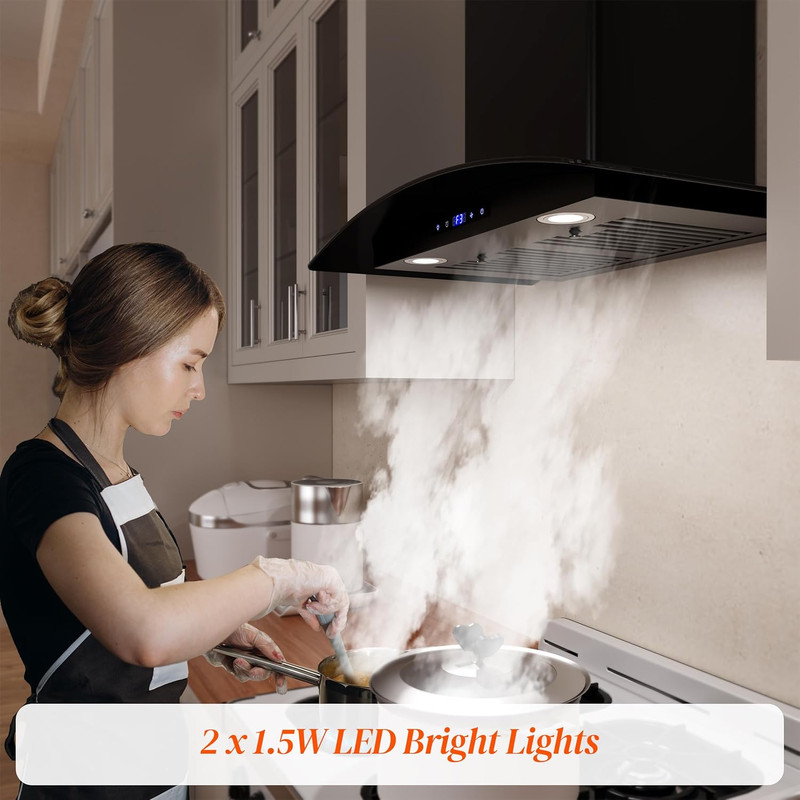 30" Wall Mount Range Hood, 600 CFM, Ducted/Ductless, LED, Black Stainless Steel gallery