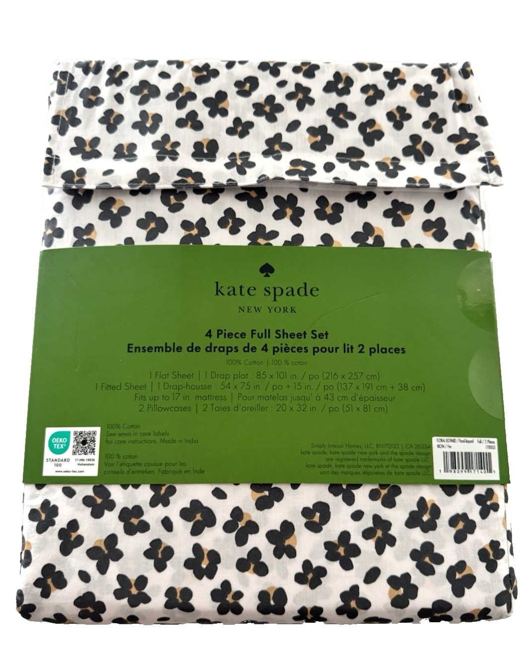 NWT Kate Spade 100% Cotton 4 Piece FULL Sheet Set FLORAL LEOPARD Black & Gold gallery