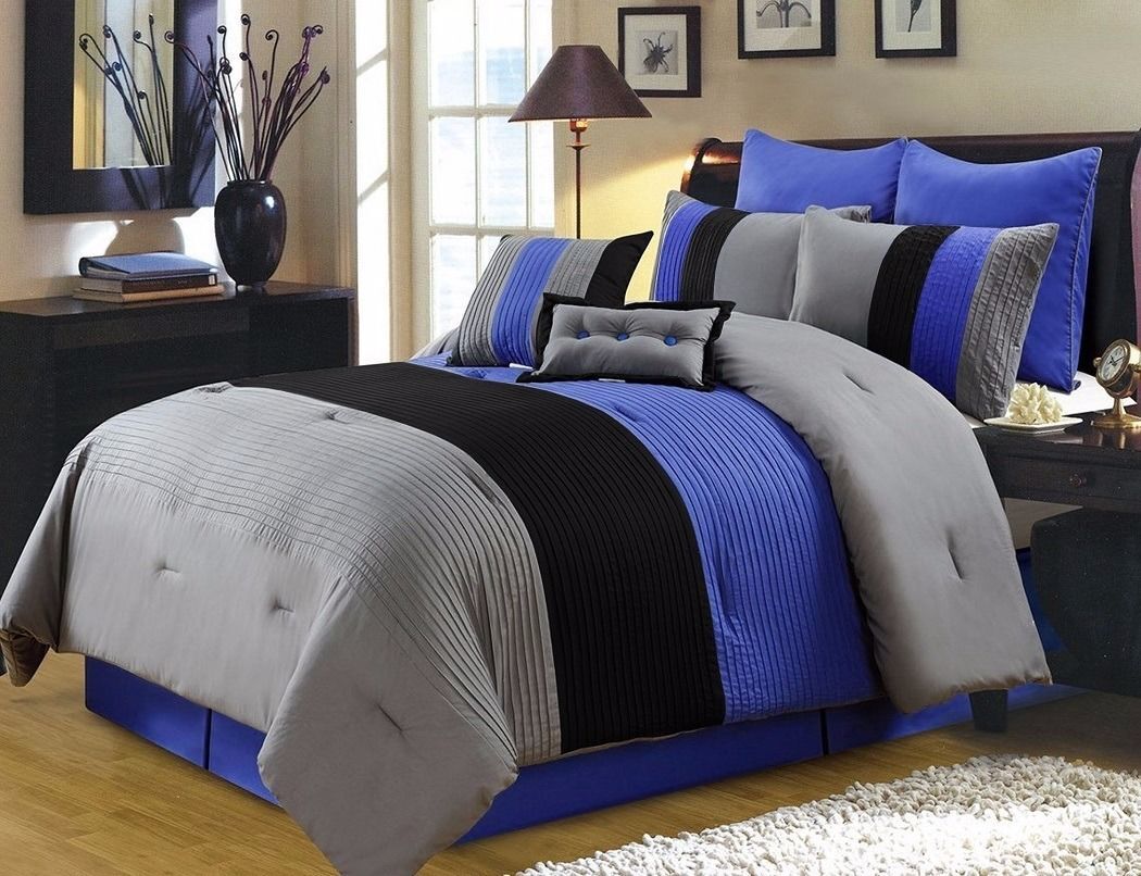 8-Piece Striped Bedding Set Gray Blue Black Pleated Stripe Comforter Set gallery