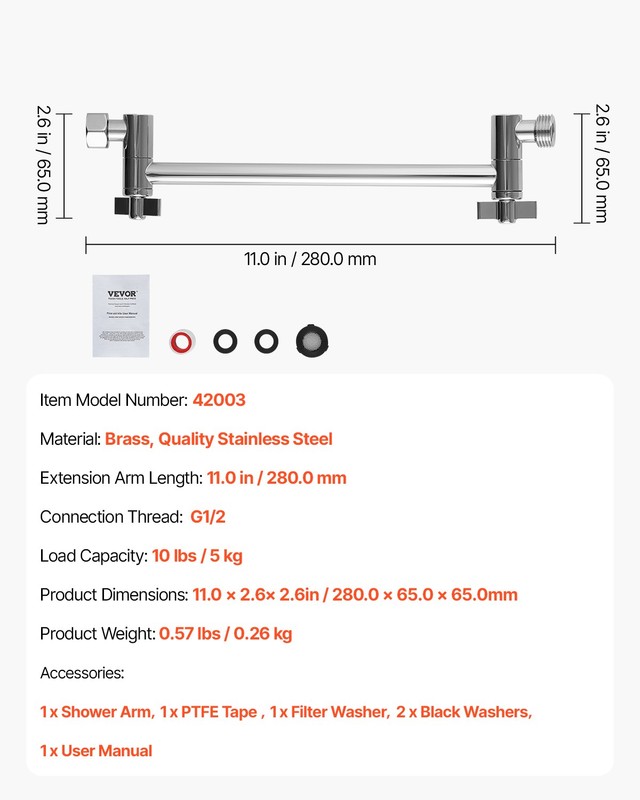VEVOR Shower Head Extension Arm Extender 11 in Adjustable Angle Height G1/2 gallery