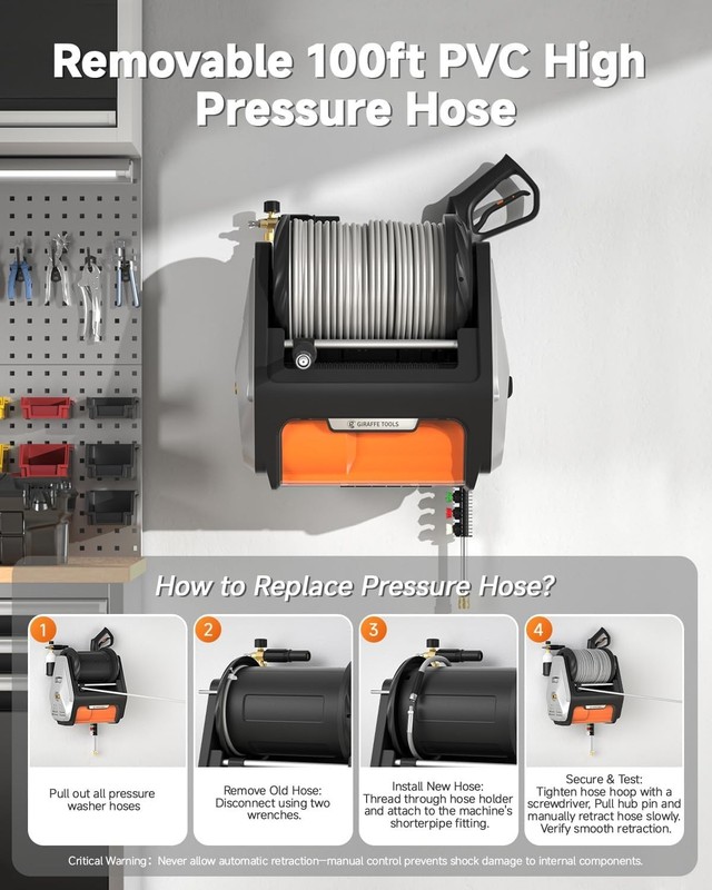 Giraffe Tools Wall Mount Pressure Washer PRO 100FT Retractable Hose Max 3700 PSI gallery