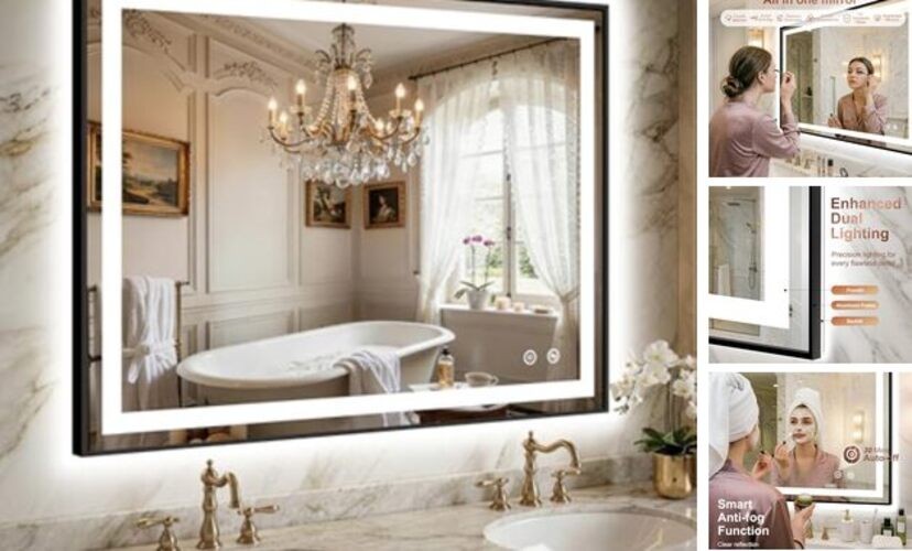 LED Bathroom Mirror with Lights Framed Lighted Vanity Mirror, 40"L x 30"W Black gallery