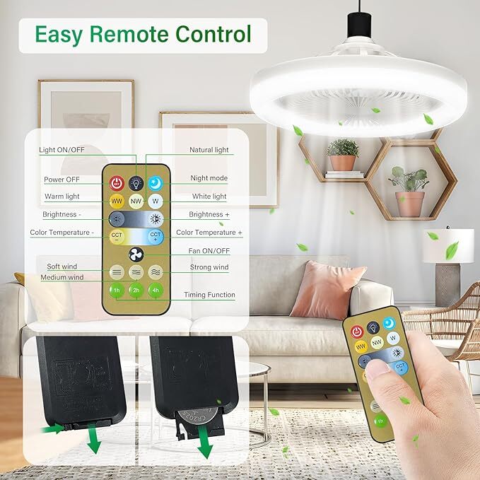 2 In 1 E27 Socket Fan Light With Remote Ceiling Fan Adjustable LED Smart 3 Speed gallery