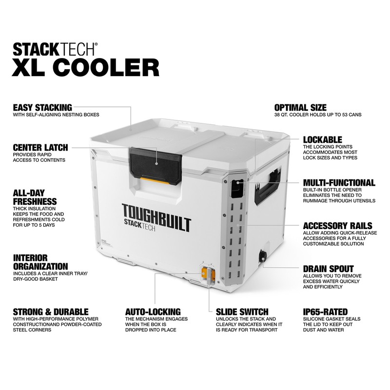 ToughBuilt StackTech XL Cooler, Stackable 38 Quart Hard Shell Ice Chest, White gallery