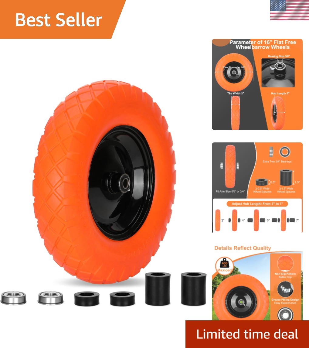 16" Flat-Free Wheelbarrow Tires - Impact Resistant, 400 lb Load Capacity gallery