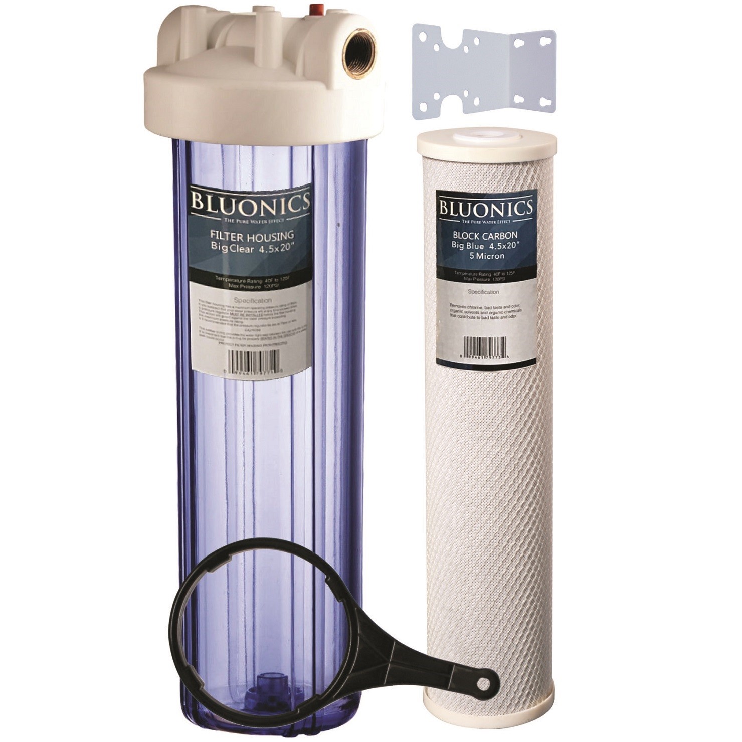BLUONICS 4.5 x 20" Whole House Filter w/ Carbon Block Cartridge CLEAR HOUSING gallery