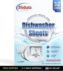 Eco-Friendly Dishwasher Detergent Sheets, Unscented & Biodegradable, 32 Loads