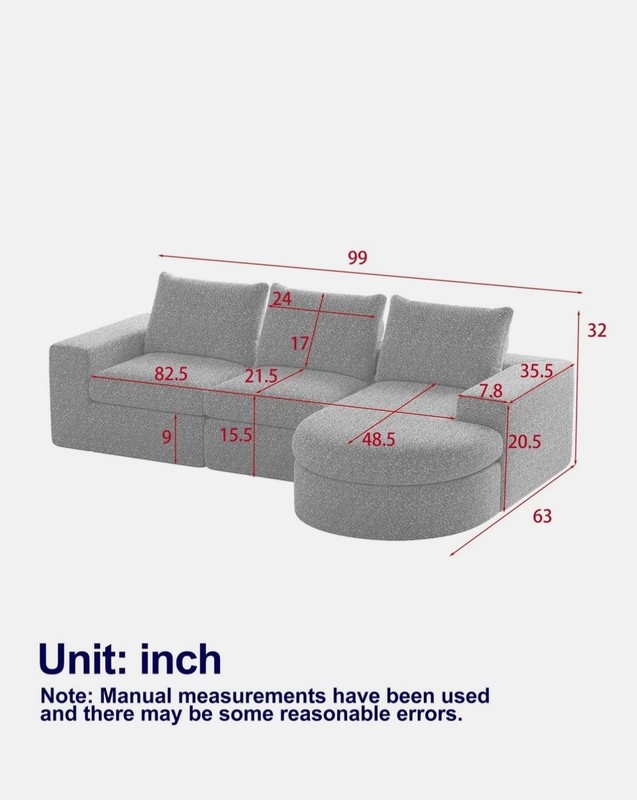 99" Sectional L-Shaped Sofa Couch, Chenille Cloud Curved Sectional Sofa with Cha gallery