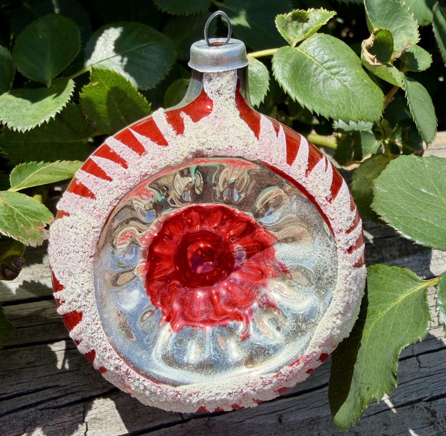 Sunburst Flower Indent Silver Red Mercury Glass Christmas Ornament Mica Vtg 3” gallery