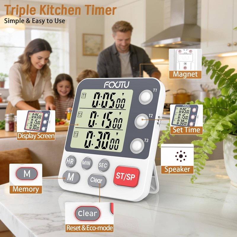 FCXJTU Digital Dual Kitchen Timer, 3-Channel Magnetic Countdown Stopwatch Tim... gallery