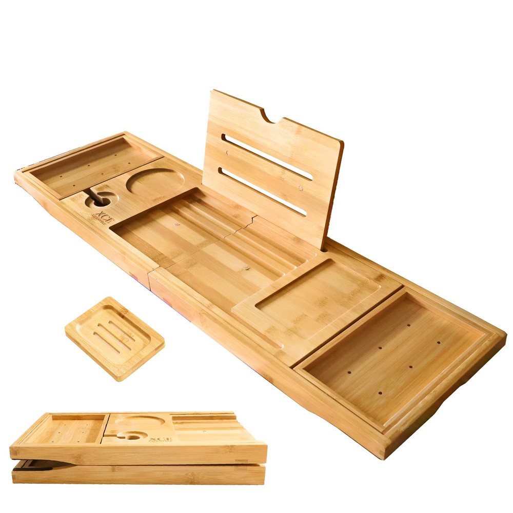 Foldable Bamboo Bathtub Caddy Tray - Expandable to 41 Inches with Non-Slip Pa...