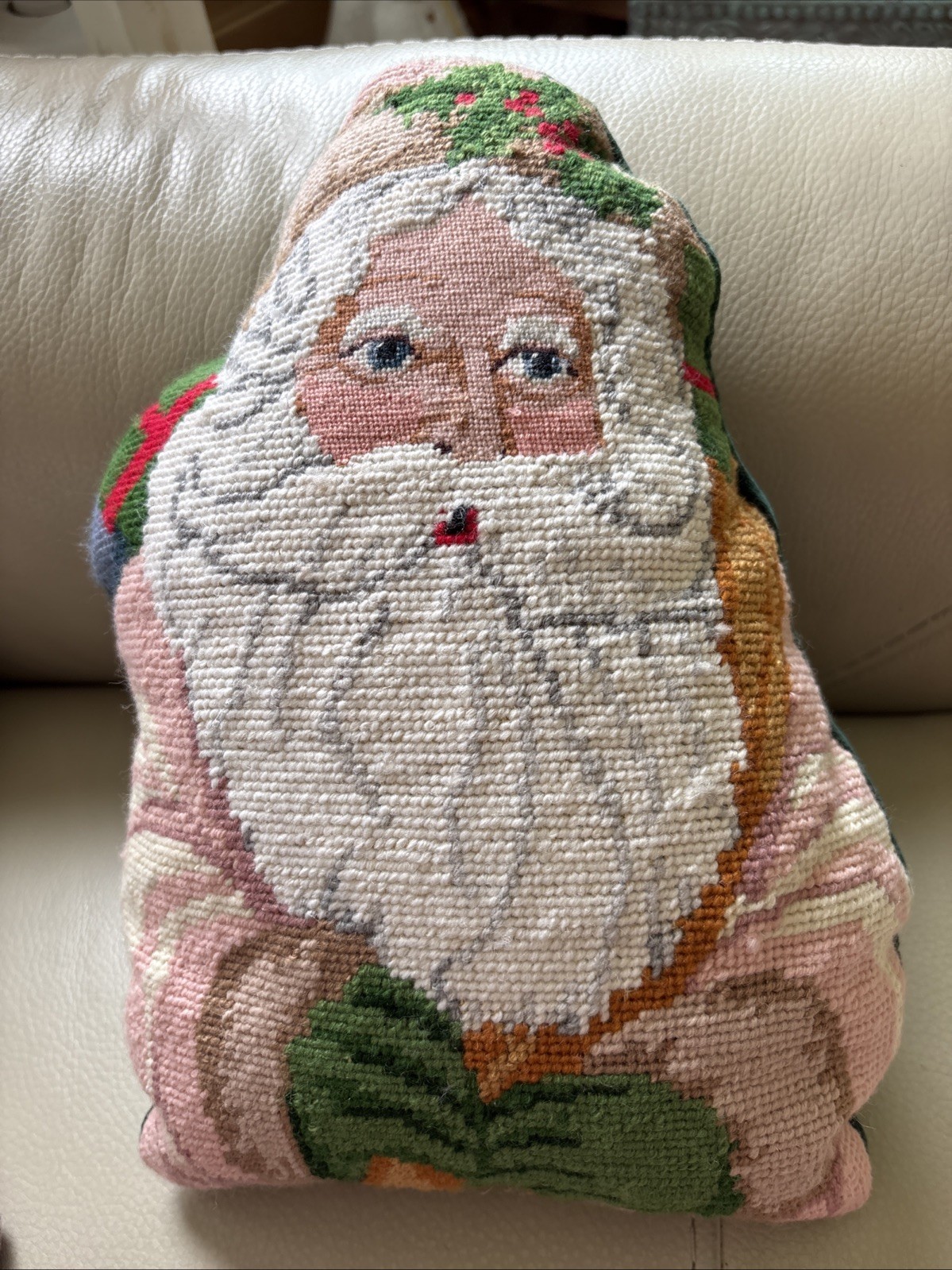 Vintage Victorian Santa Pink Needlepoint Pillow, Clean, No Smells OOAK gallery