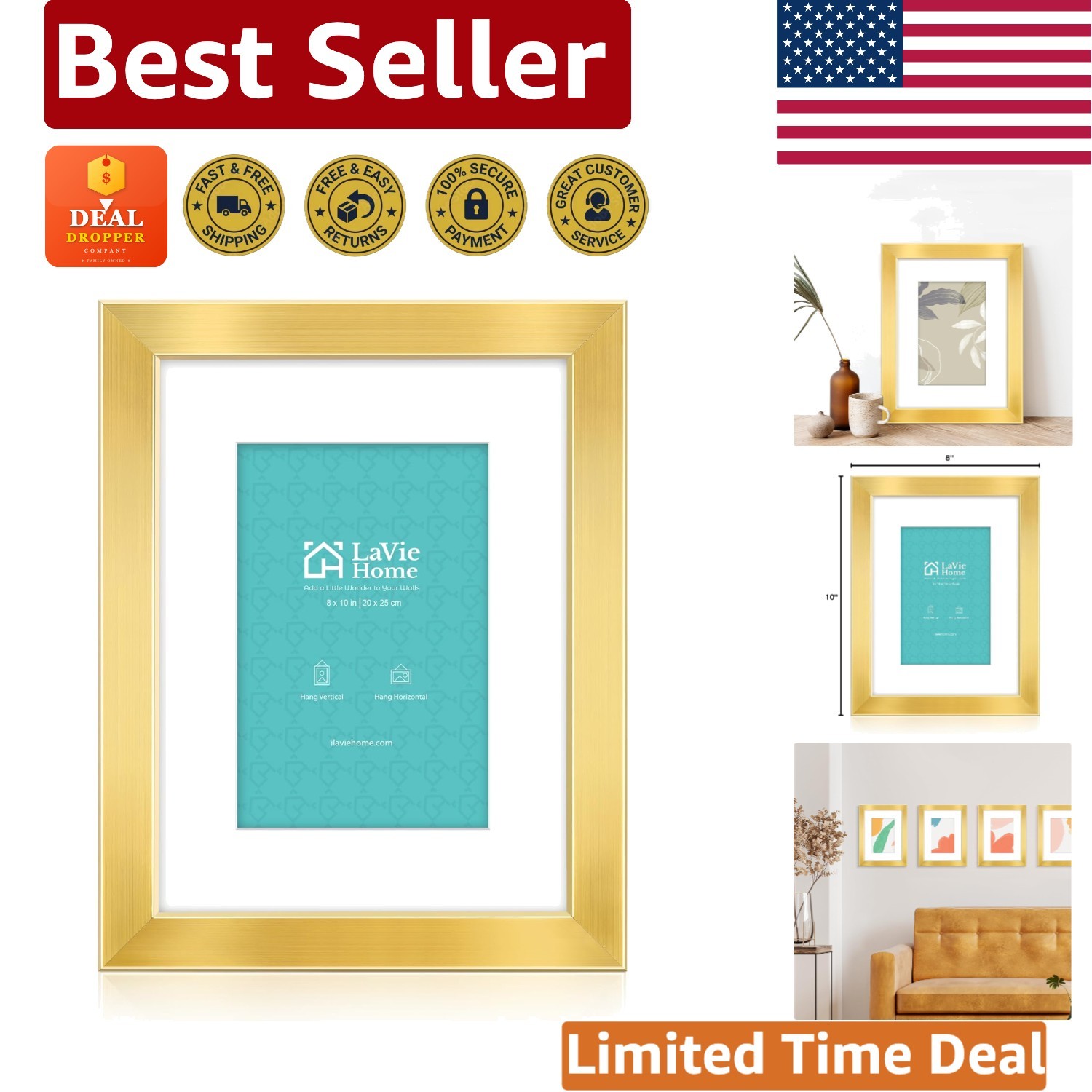 Versatile Gold Gallery-Style 8x10 Frame - Portrait or Landscape Orientation gallery