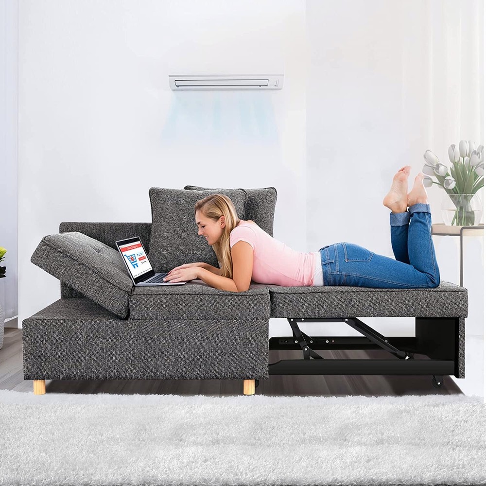 Convertible Sleeper Sofa Bed, 4-in-1 Linen Fabric Sleeper Couch Pull Out Bed A++