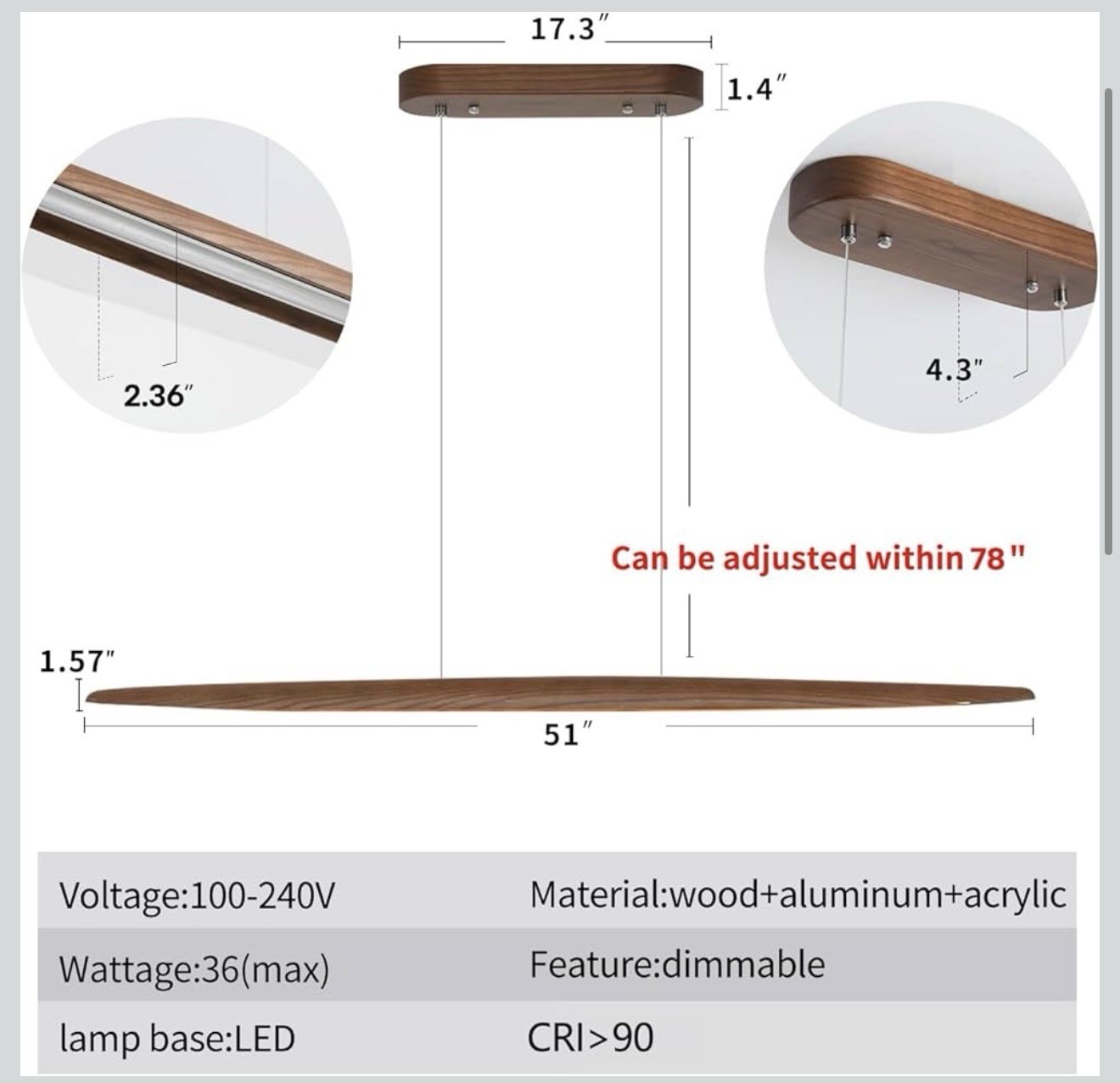 Wood Linear Pendant Light 51in Kitchen Island Dining Pool Table Modern LED Lamp gallery