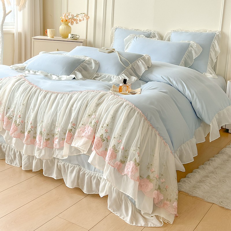 4pcs/lot Bedding Set Lace Cotton Embroidery Flowers Duvet Cover Flat Sheet Set gallery