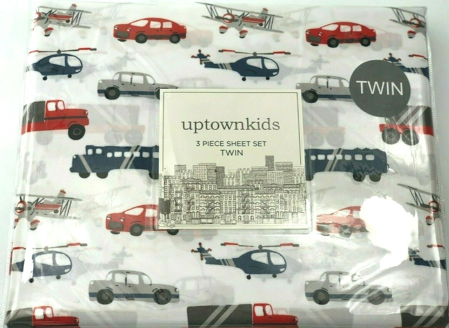 3 pc Vehicle TWIN Kids Sheet Set Helicopter Airplane Train Taxi Car Truck Red gallery