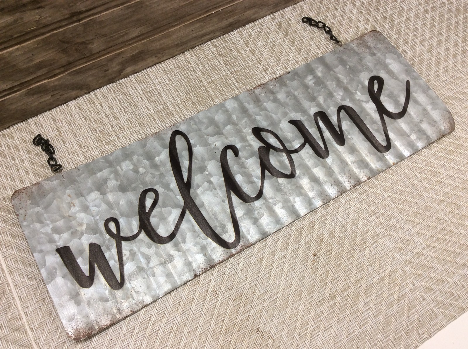 RUSTIC Farmhouse Corrugated Tin Metal Hanging WELCOME Sign 13.75" X 4.75" gallery