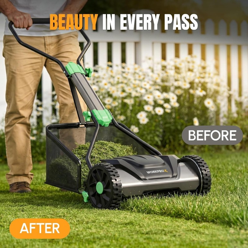 WORKPROX 16" Push Reel Lawn Mower Adjustable Height 5-Blade w/8Gal Grass Catcher gallery