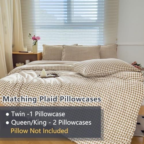 King Size Comforter Set - Tan Gingham Bedding, Brown Grid Design, 3 Pieces (1 Co gallery