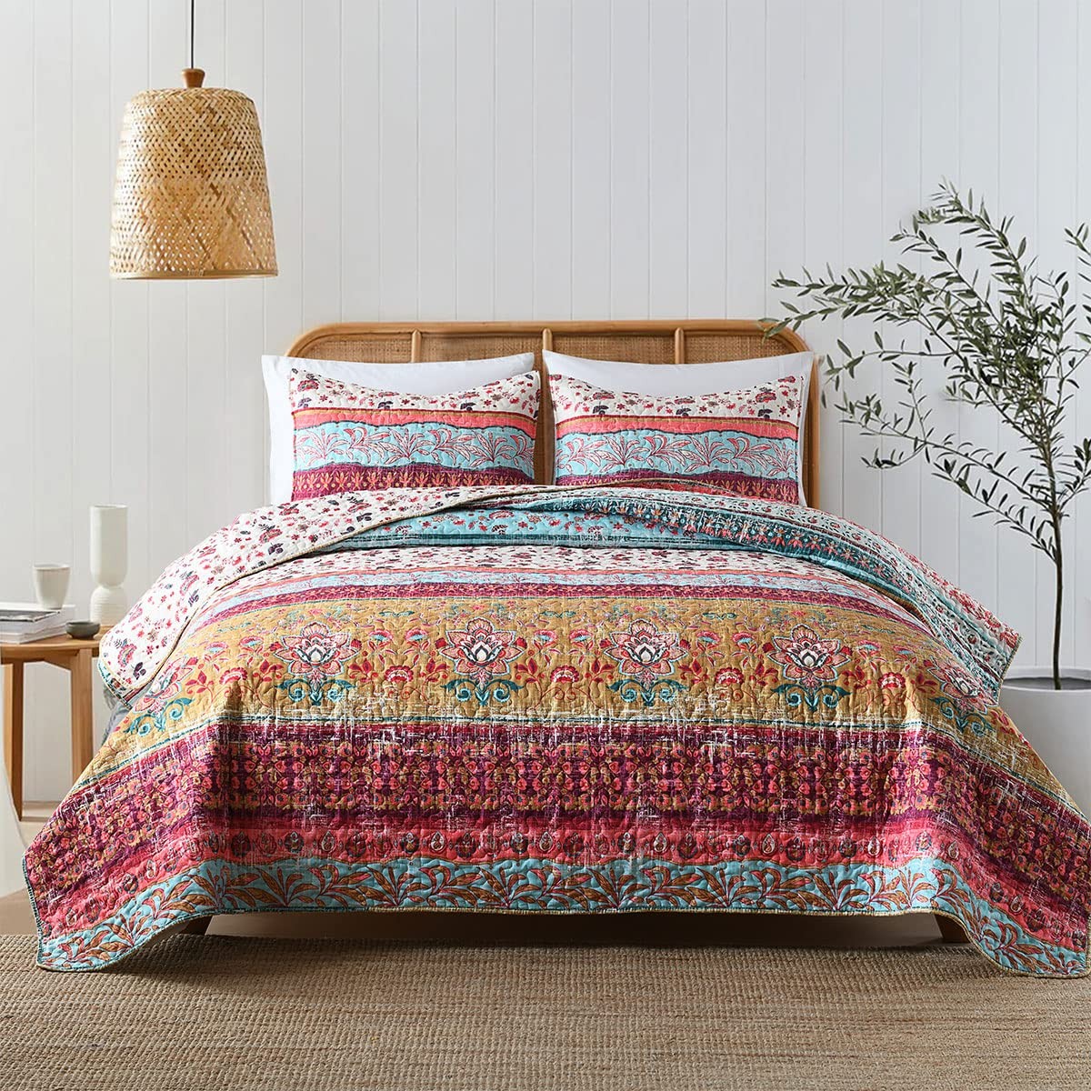 Boho Style King Quilt Set Reversible Bohemian Floral Strip Quilt Beddding Set... gallery