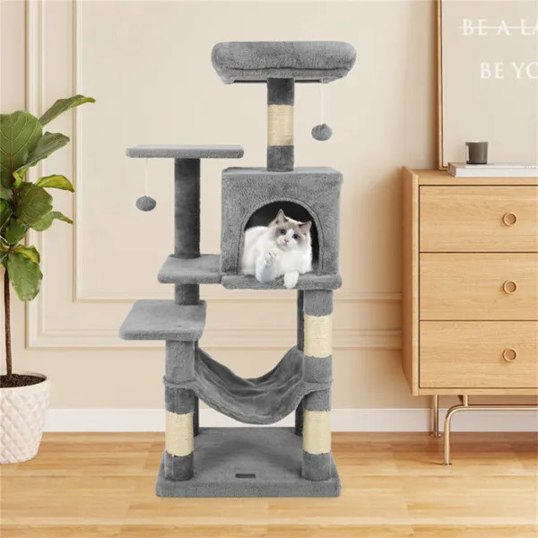 44in Cat Tree Tower Light Gray Multi Level w/ Top Perch 2 Door Condo Hammock for gallery