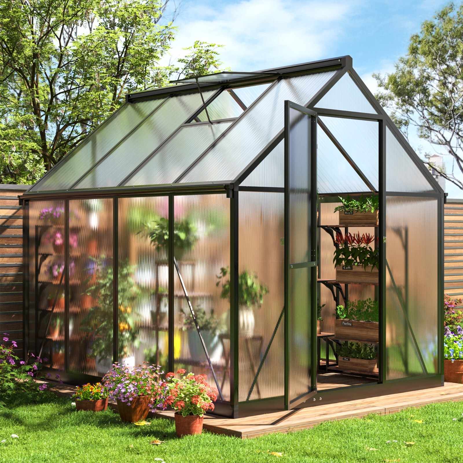 6x8FT Outdoor Polycarbonate Greenhouse, Easy Setup, Aluminum Walk-In,Black, Vent gallery