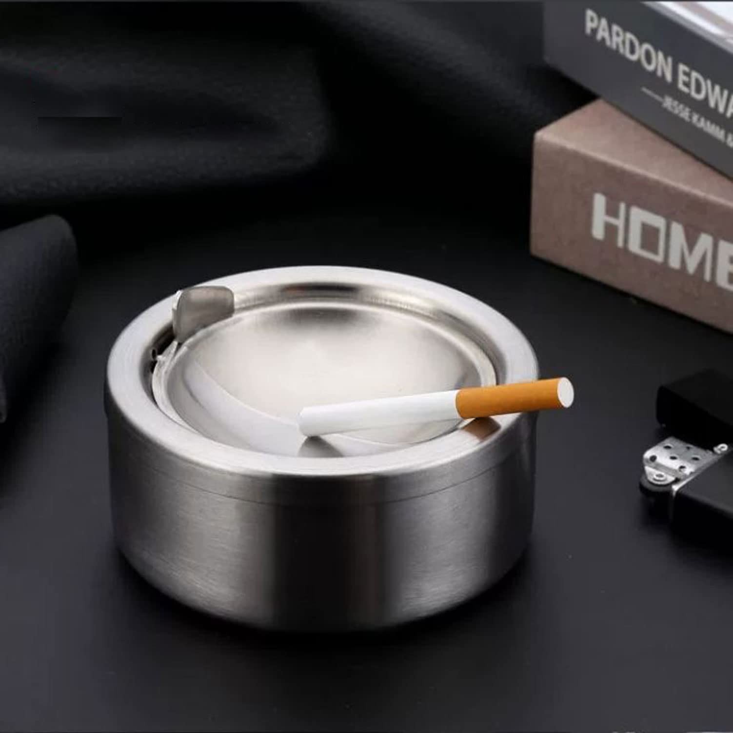Stainless Steel Windproof Ashtray for Outdoor Indoor Use Matte Silver Box gallery