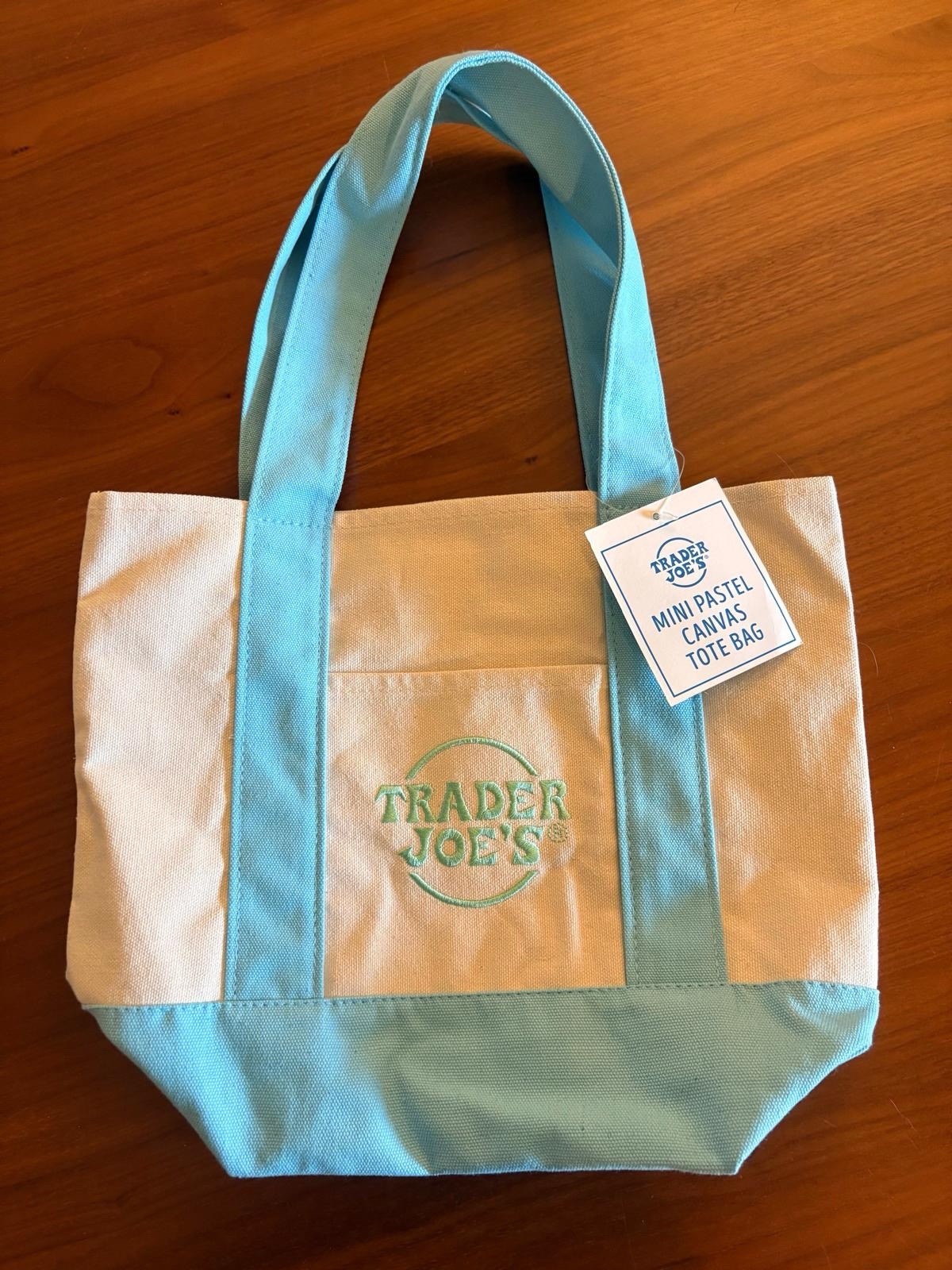 Trader Joe's Mini Canvas Reusable Pastel Blue Tote Bag Spring NWT gallery