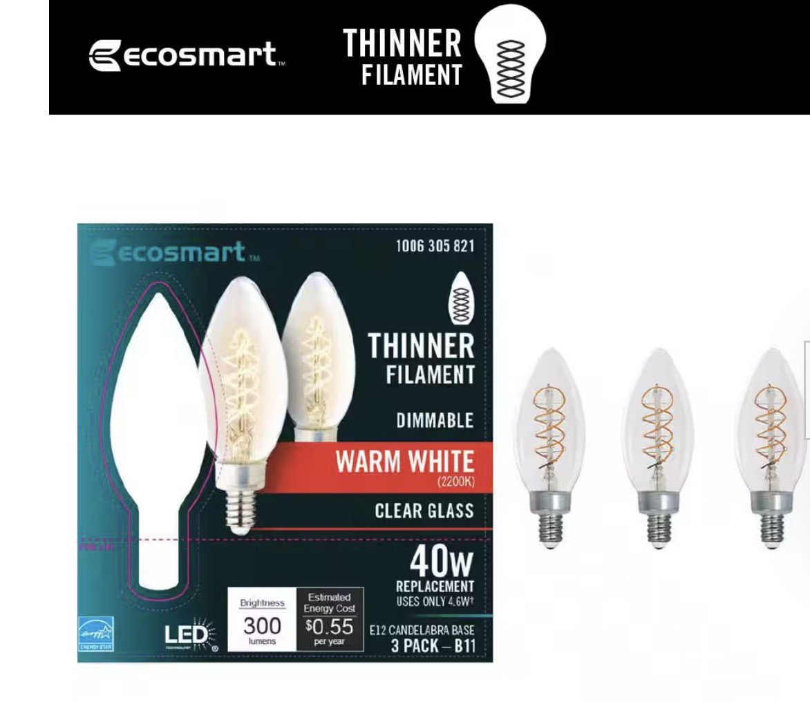 (3-Pk) EcoSmart LED Vintage Edison Light Bulb Warm White 2200K B11 40W gallery