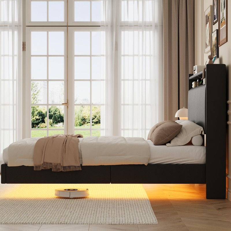 Queen Size Floating Bed Frame with LED Lights Adjustable Upholstered Headboard gallery