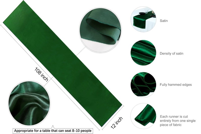 10 Hunter Green Satin Table Runner 12" X 108" Wedding B'day Party Table decor gallery