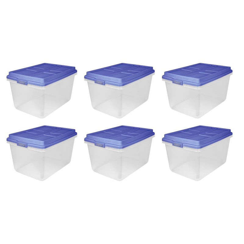 Hefty 72 Qt. Clear Plastic Storage Bin with Blue HI-RISE Lid, 6 Pack gallery