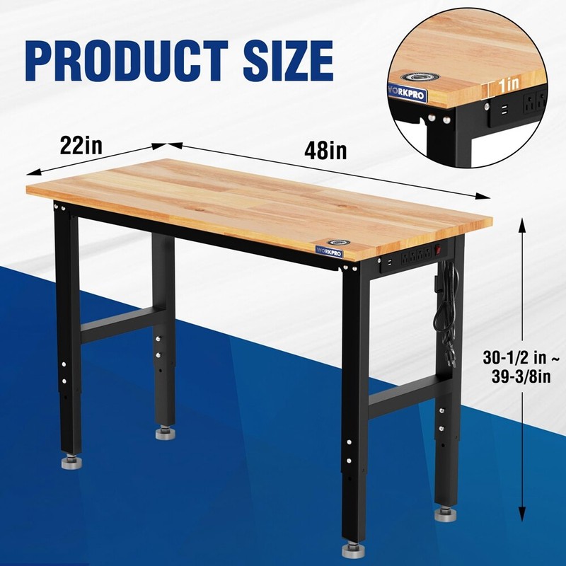 WORKPRO 48" Adjustable Workbench, Rubber Wood Top Heavy-Duty Workstation NEW gallery