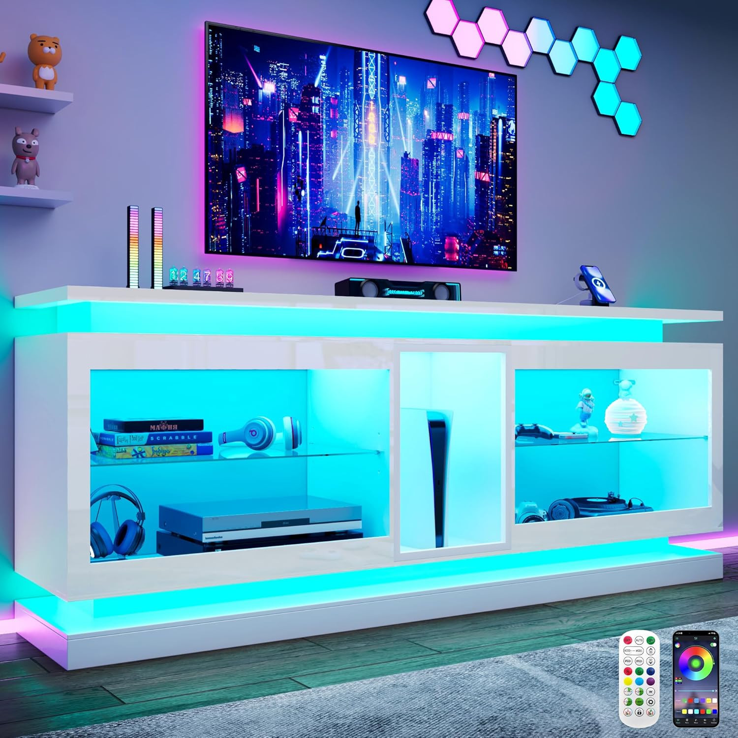 80" LED TV Stand with Power Outlets,6000-Colors Lighting for 75/80/90IN Tv,High gallery