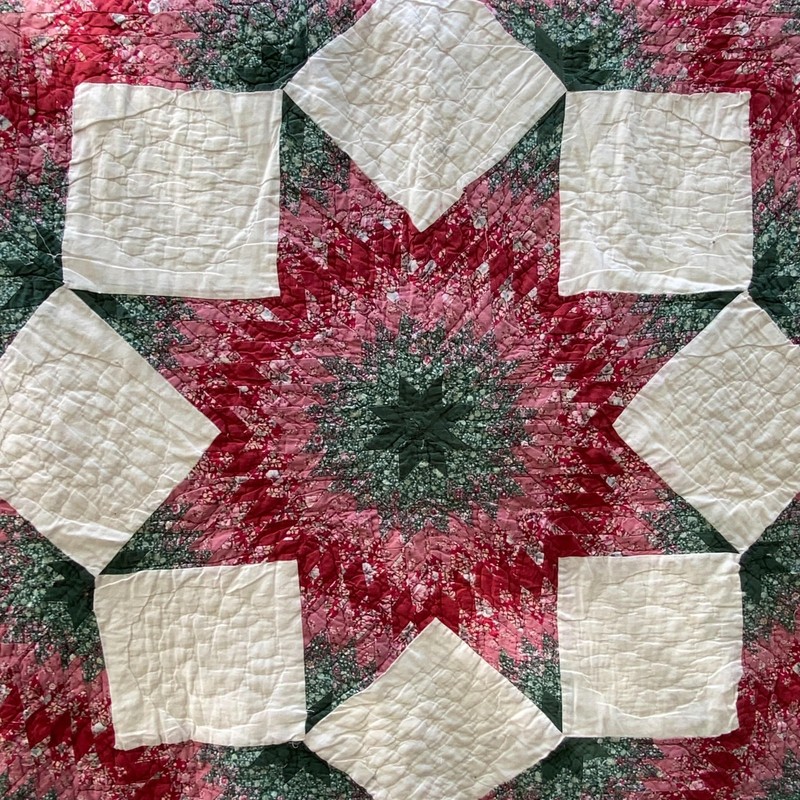Handmade Lone Star Patchwork Quilt Pink Green Floral Hand Quilted Full Sz 86x94 gallery