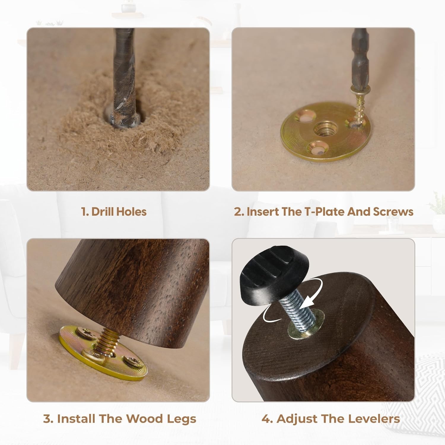 Yes4All 4 Inches Bore Round Walnut Solid Wood Furniture Legs Set of 4, Heavy Dut gallery