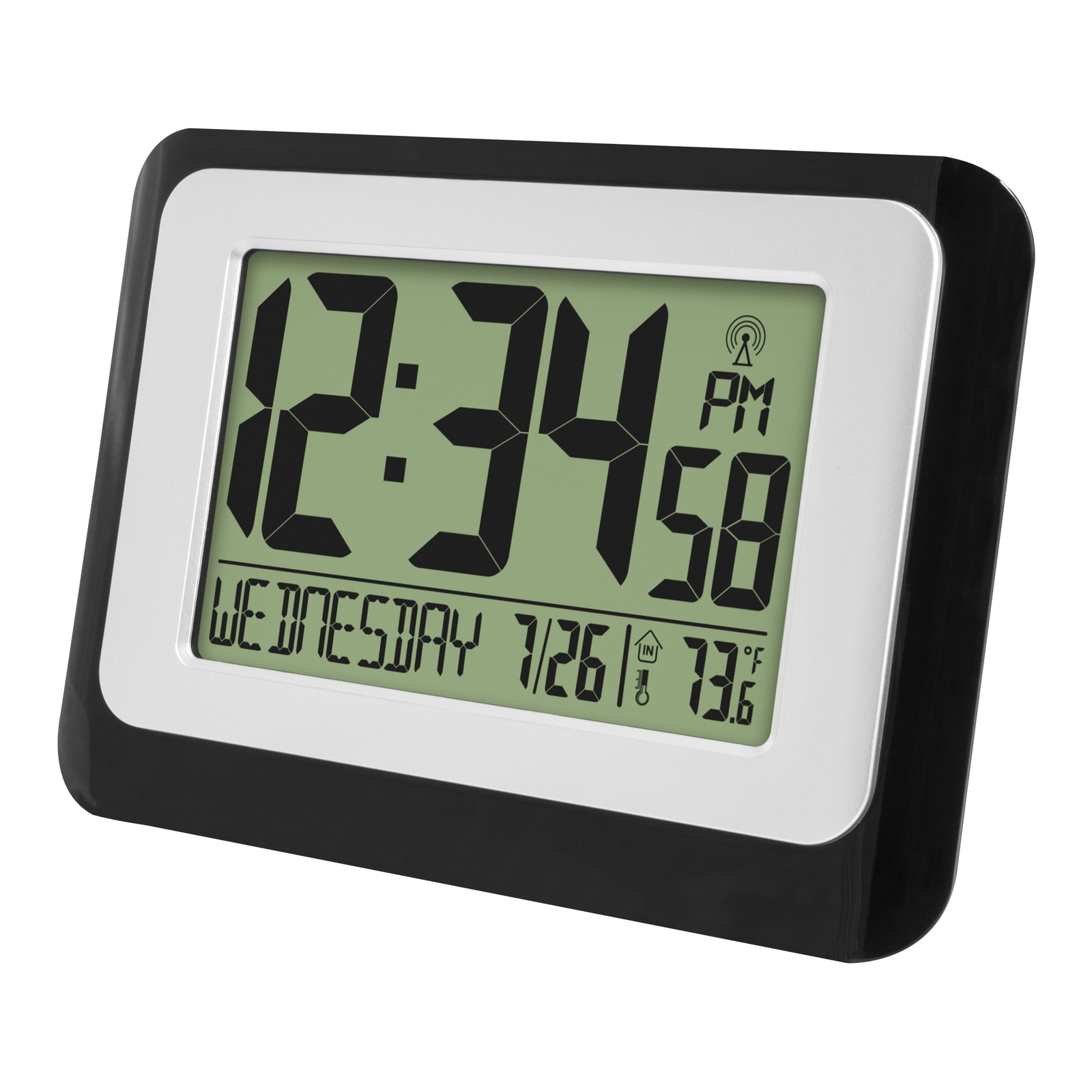 Black Atomic Digital Calendar Desk Alarm Clock with Temperature, W88631 gallery