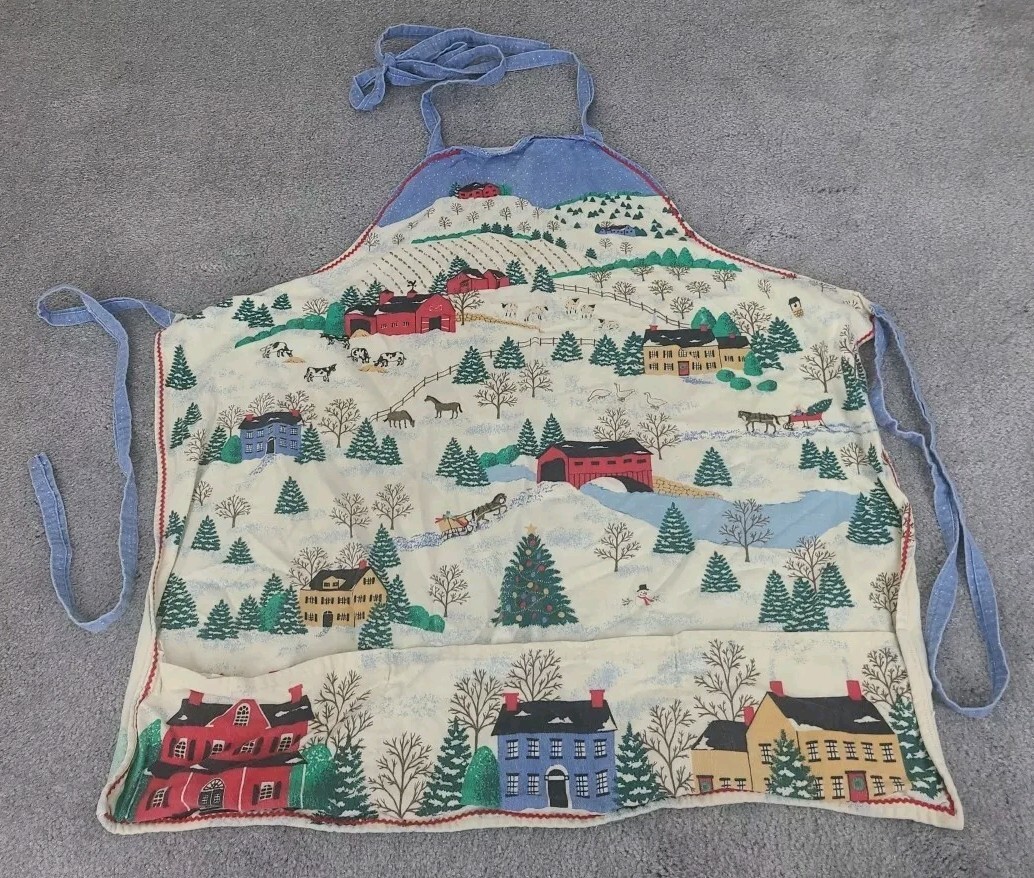Vintage Style Bib Apron Homemade Winter Farm Village Cow Horse Duck Pockets gallery