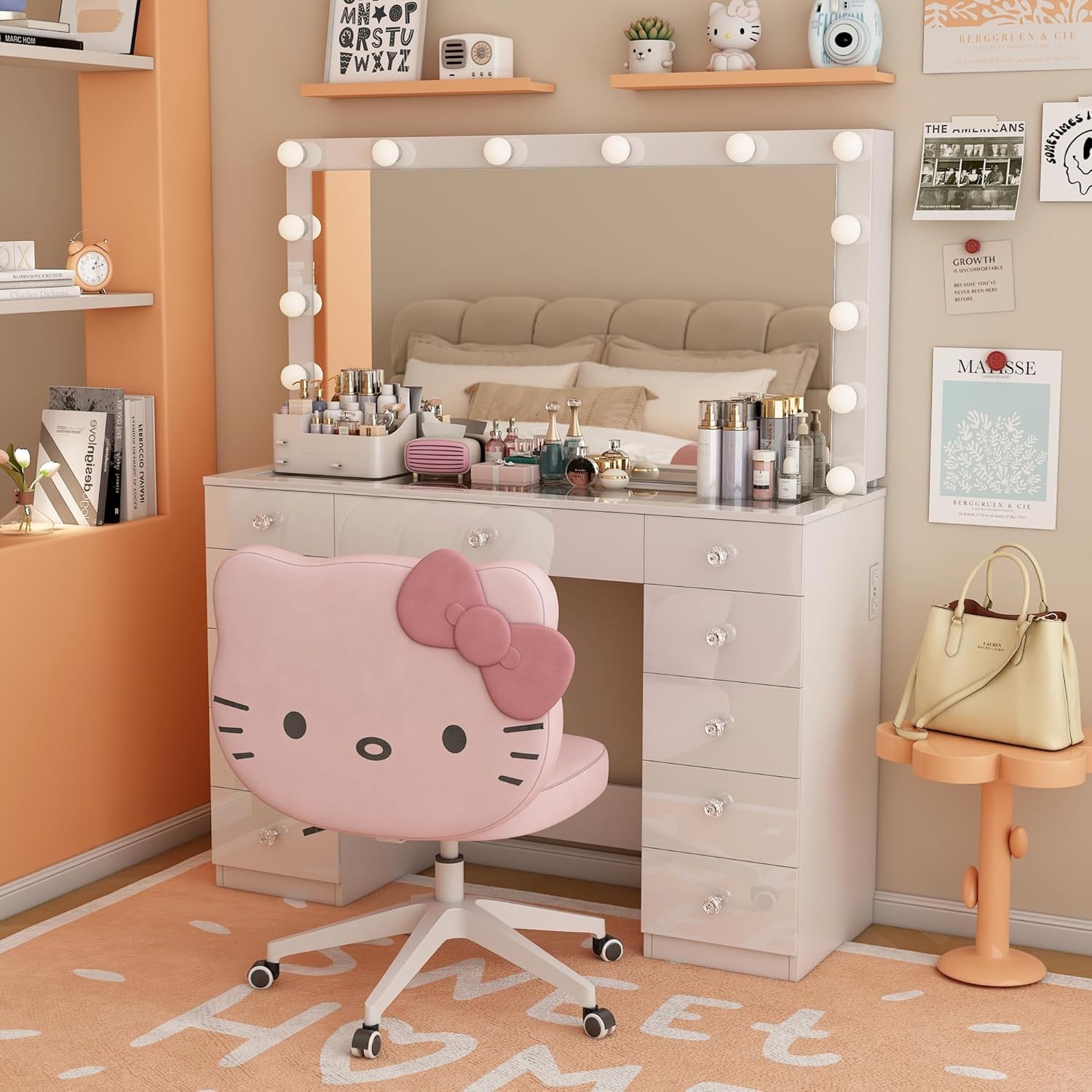 Vanity Set Desk 11 Drawers Large Mirror with Power Outlet LED Light Makeup Table gallery